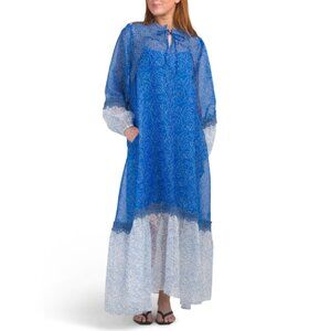 NANCY YANG Blue Embroidered Lace Trim Maxi Dress